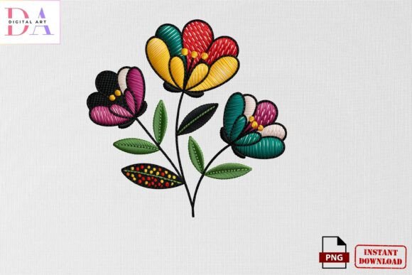 Colorful Floral Embroidery Art PNG