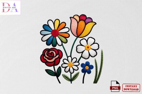 Colorful Floral Embroidery Bouquet PNG