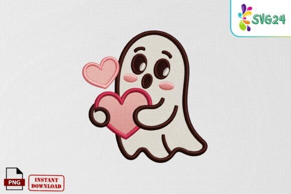 Cute Ghost with Hearts Embroidery PNG