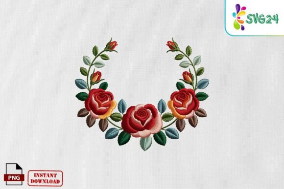 Floral Rose Wreath Embroidery PNG