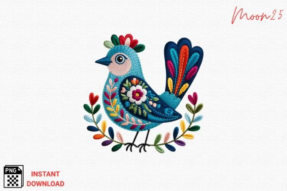 Folk Art Bird Embroidery Style PNG